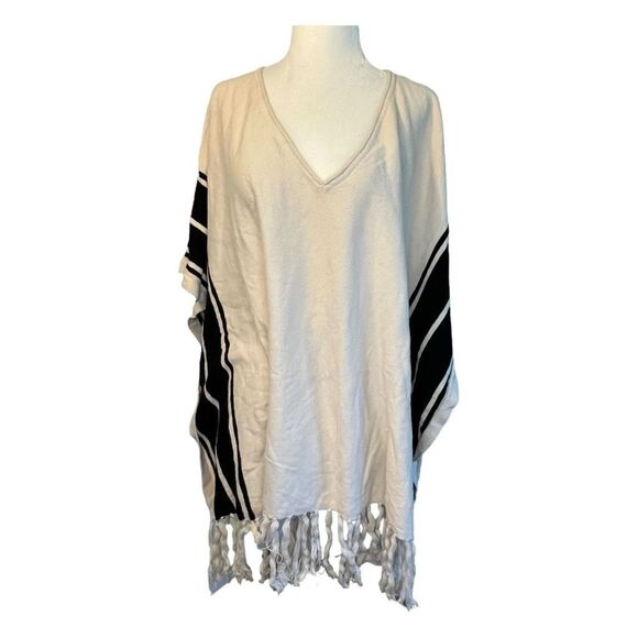 Forever 21 Fringe Kaftan Poncho Sweater Cream Black Striped Knit V-Neck S - Picture 2 of 5